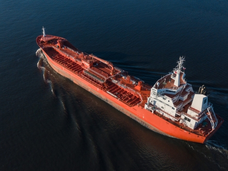 Aerial view of oil tanker in the sea