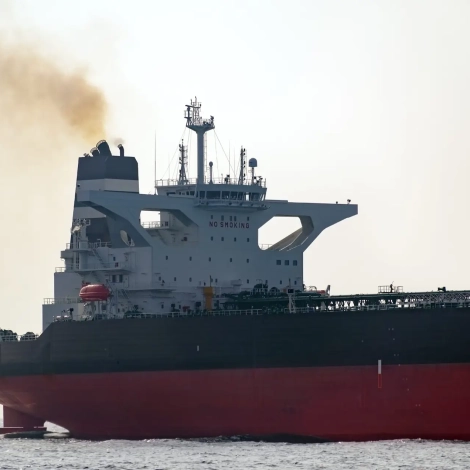 Wheelhouse tanker with an exhaust pipe, open sea.